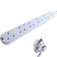 6 Way Mains Extension Outlet 2m Mains Lead & Surge & LEDs (3 pin 13 amp plug to 6 x 3 pin 13 amp sockets)